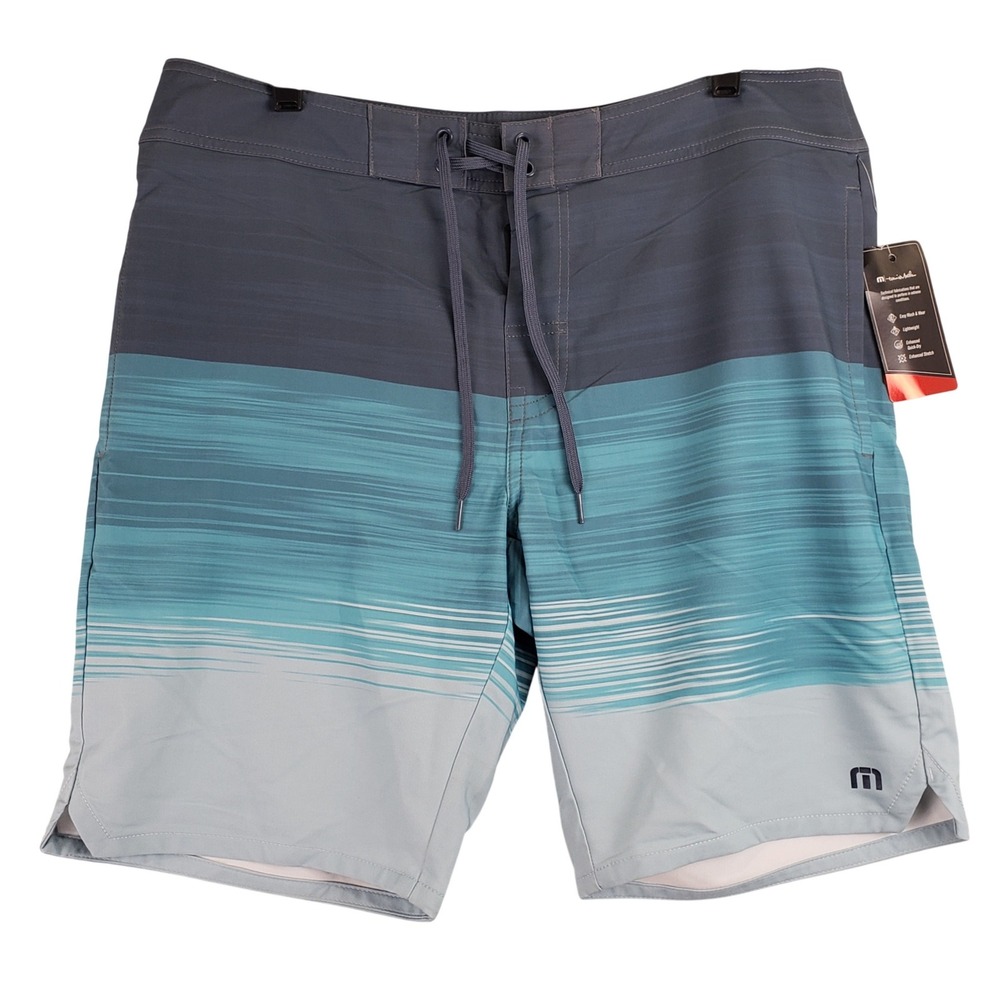 Travis Mathew Nobody Panic Board Shorts Mens 36 Blue Striped Surf Performance